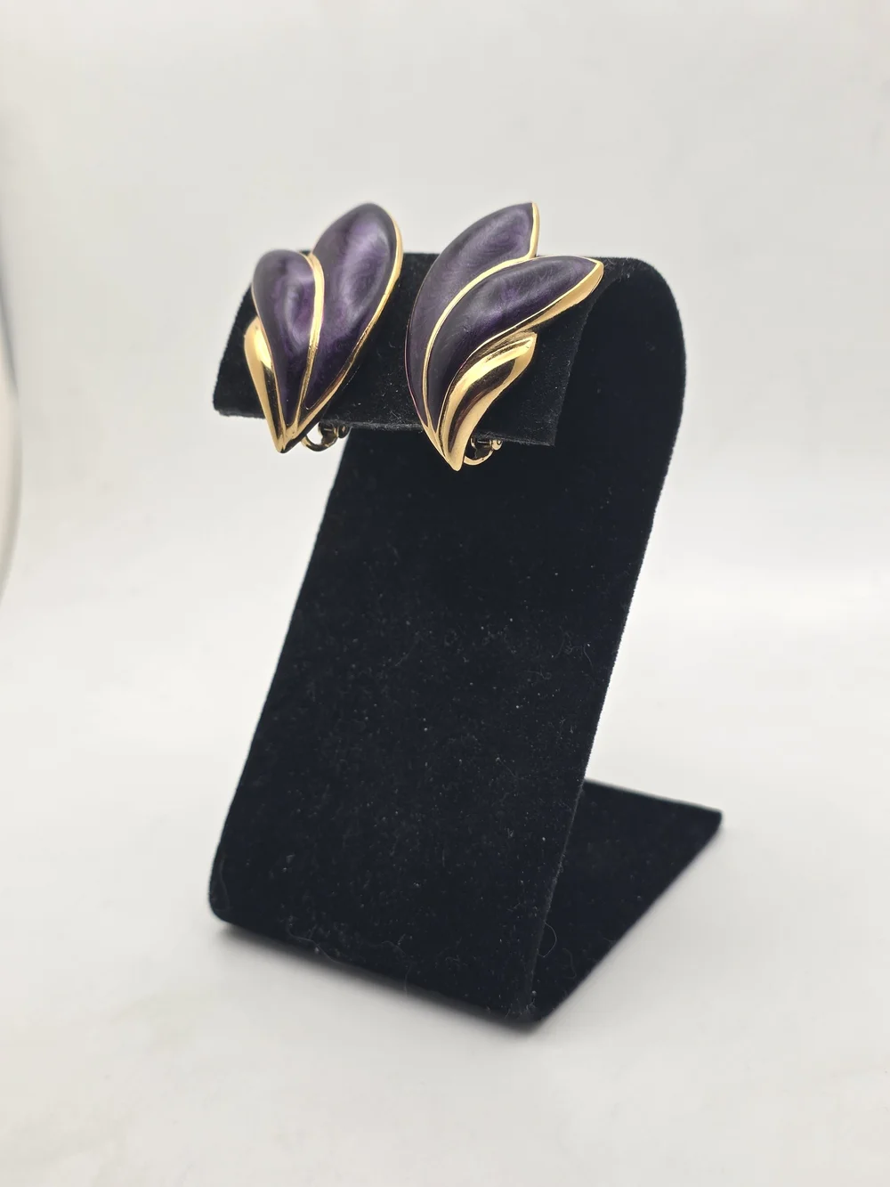Trifari Gold-Tone Earrings with Deep Purple Enamel Petals